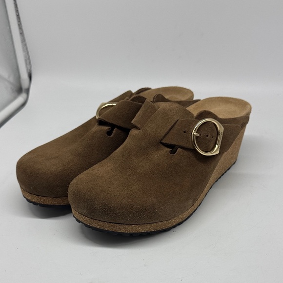 Birkenstock Papillio Fanny Ring-Buckle Suede Leather Clogs Dark Tea Brown - Picture 2 of 15